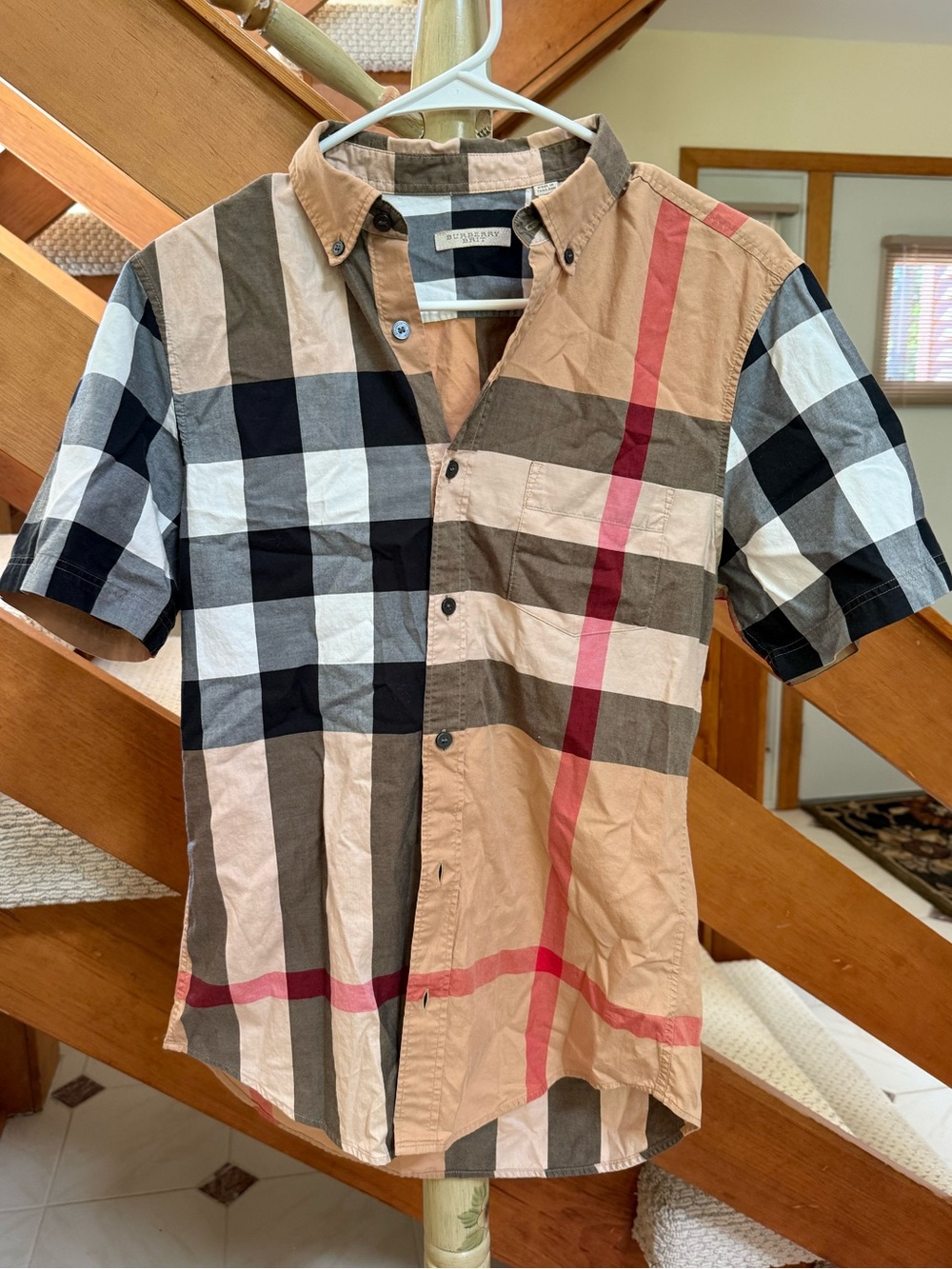 Burberry Short-Sleeve Check Button-Down Shirt in Beige, Black and Red